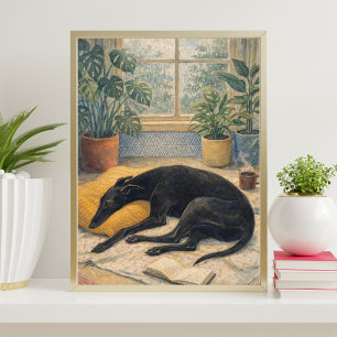 Poster Serenidade de Dia Chuvoso com Galgo Preto Adormeci