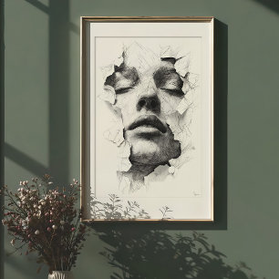 Poster Serenidade Destruída: Rosto de Arte Linear Monocro