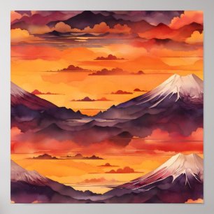 Poster Serenidade do Sol: Monte Fuji Watercolor Tapeçaria