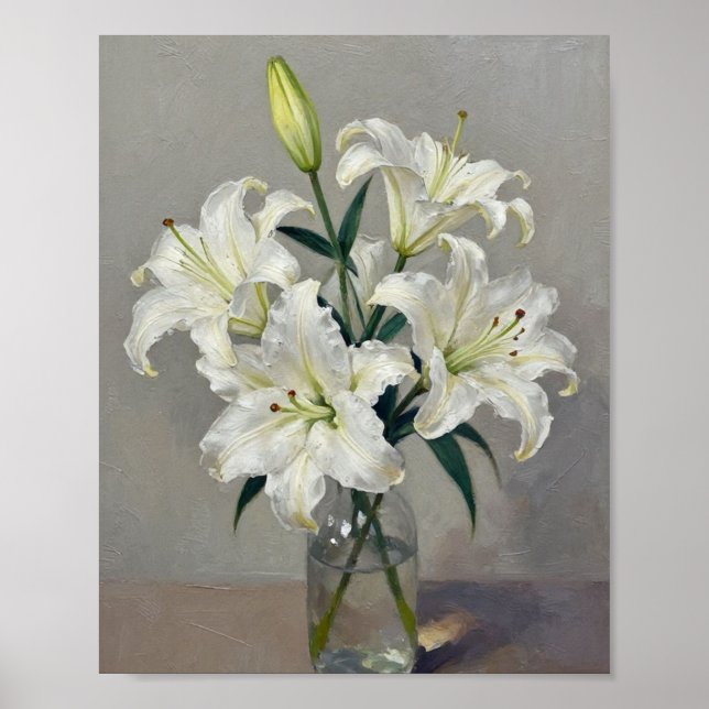 Poster Serenidade em Flor: Lírios Brancos em Vidro Impast (Frente)