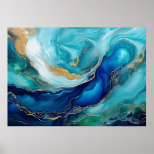 Poster Serenidade Teal Cobalto e Abstração Oceânica Verde