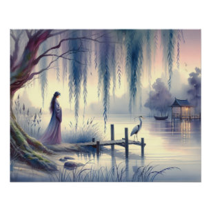 Póster Sereno Lago de Fantasia com Salgueiro e Garça