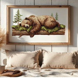 Poster Sereno Urso Adormecido | Berçário com Tema Florest