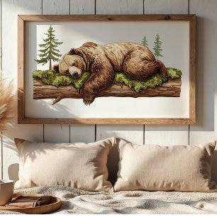 Poster Sereno Urso Adormecido   Berçário com Tema Florest