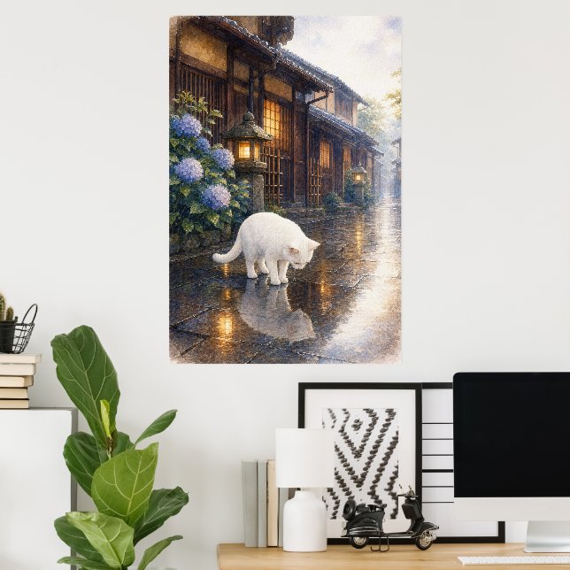 Poster series_2_9｜Kyoto Puddle Reflection White Cat Art (Escritório em casa)