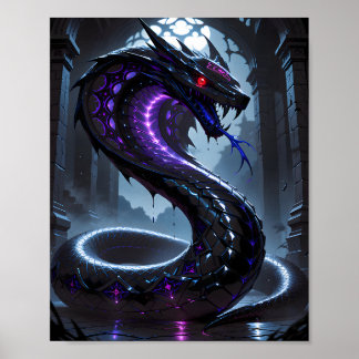 Poster Serpente Preta Gótica Brilhante Neon Roxo Fantasia