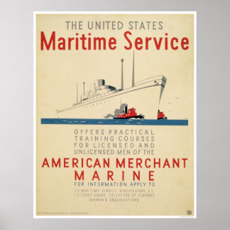 Póster Serviço Marítimo - Grande Navio com Tugboat - WPA