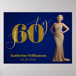 Poster Sessenta Anos de Elegância Azul & Dourado Aniversá