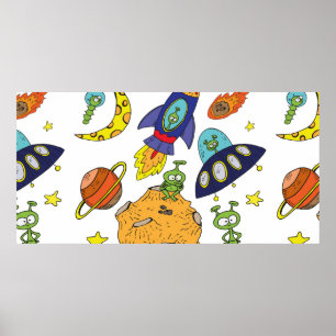 Poster Set of cartoon illustrations about space in bright