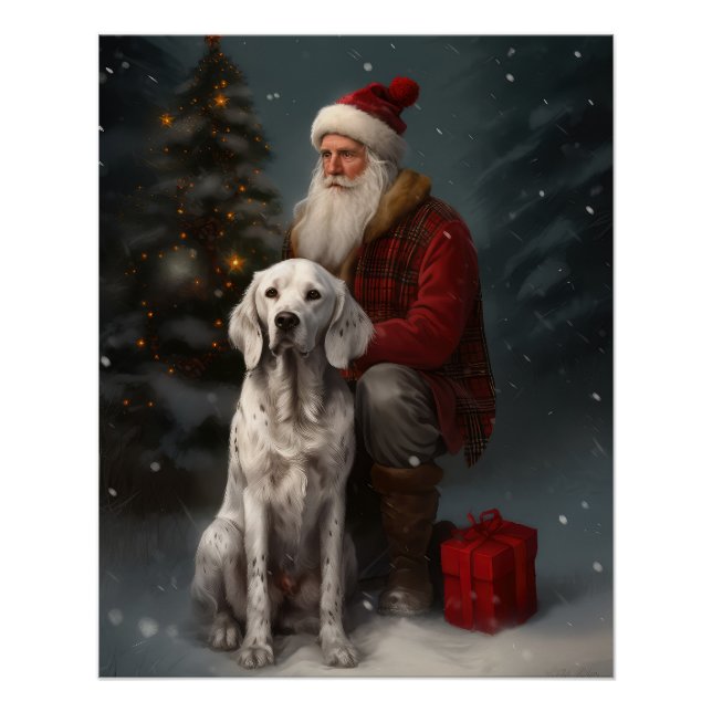 Póster Setter Inglês com Papai Noel Natal Festivo (Frente)