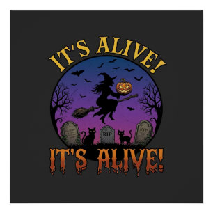 Póster Seu Alive Halloween Bruxa Abóbora Gato Preto Lápid