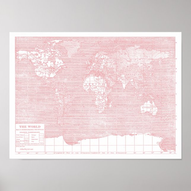 Póster Seu Mundo - Mapa Mundial Da Vintagem Rosa (Frente)