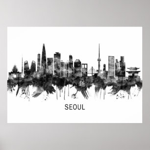 Poster Seul Coreia do Sul Skyline BW