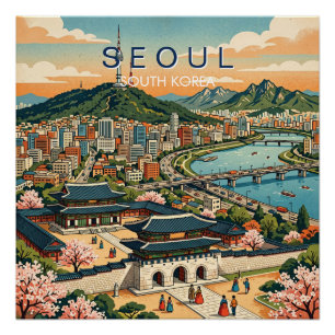 Póster Seul Coreia do Sul Viagem Arte Vintage