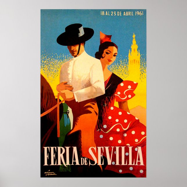Poster Sevilha, Espanha, casal sobre cavalo, viagens vint (Frente)