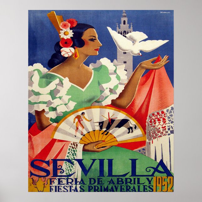 Poster Sevilha, Espanha, mulher com pombo branco, colheit (Frente)