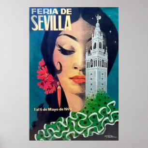 Poster Sevilha, torre da cidade e mulher de cabelo preta,