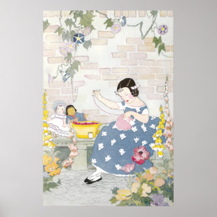 Póster Sewing em um jardim do Foxglove & das papoilas