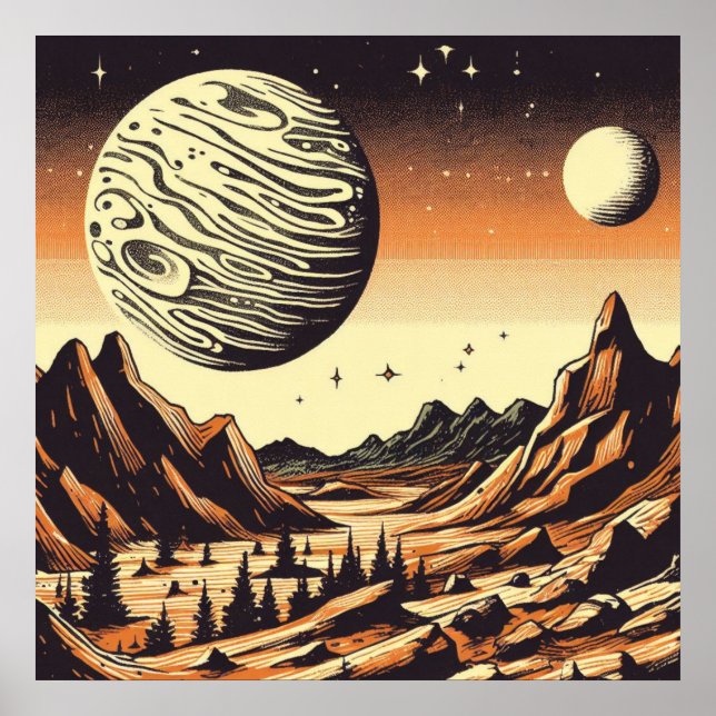 Poster SF Mars Landscape Woodcut 1 (Frente)