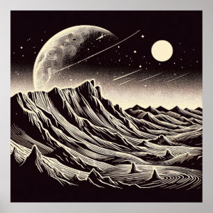 Poster SF Mars Landscape Woodcut 3