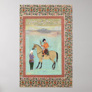 Póster Shah Abbas em um cavalo que guardara um falcão