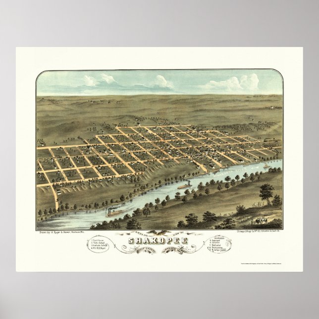 Póster Shakopee, Mapa Panorâmico do MN - 1869 (Frente)