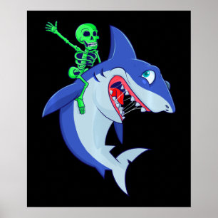 Poster Shark Halloween Skeleton Riding Sharon Engraçado