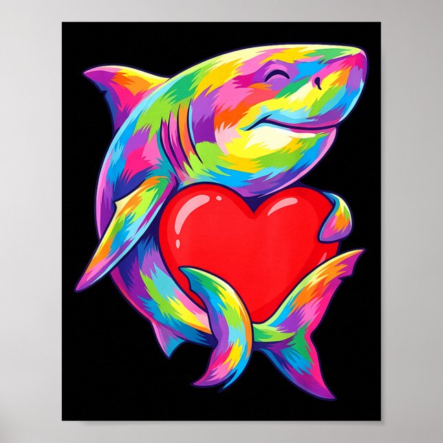 Poster Shark Hugging Valentine Heart Color Critters Rainb (Frente)