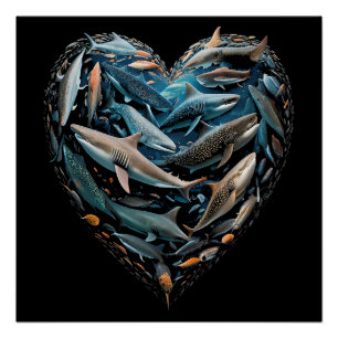 Póster Sharks Ocean Beach Lovers Love Heart