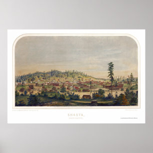 Póster Shasta, mapa panorâmico de CA - 1856