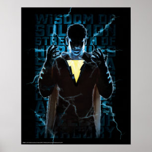 Poster SHAZAM! Tipografia dos raios Shazam e Abilidades