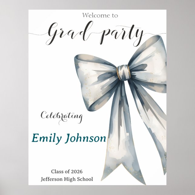 Poster She did it Graduation invitation Photo Blue Bow  (Frente)
