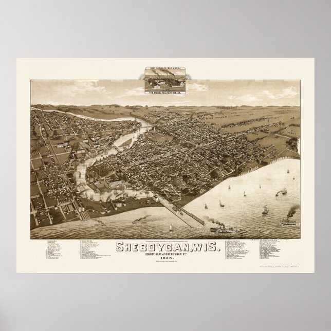 Póster Sheboygan, Mapa Panorâmico da I - 1885 (Frente)