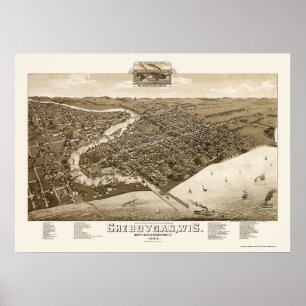Póster Sheboygan, mapa panorâmico dos WI - 1885