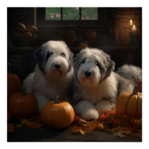 Póster Sheepdog Inglês Puppy Autumn Delight Pumpkin