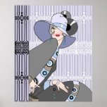 Poster Shelby, 1920 Art Deco Lady em Mauve e Cinzas<br><div class="desc">Shelby está sentada em frente e ao lado de um belo conjunto de cercas de ferro deco. Ela veste um chapéu simples,  puxado para baixo sobre um olho,  e um vestido e jaqueta coloridos com joias correspondentes.</div>