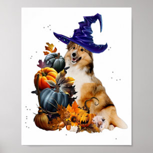 Poster Sheltie Dog Witch E Pumpkins Halloween Thanksgate