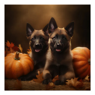Póster Shepherd Belga Puppy Autumn Delight Pumpkin