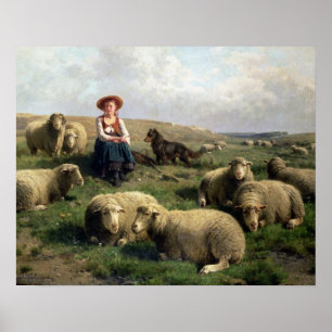 Poster Shepherdess com carneiros em uma paisagem