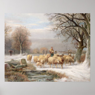 Póster Shepherdess com seu rebanho em uma paisagem do