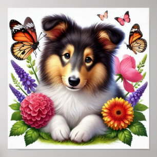 Poster Shetland Sheepdog com Flores e Borboletas