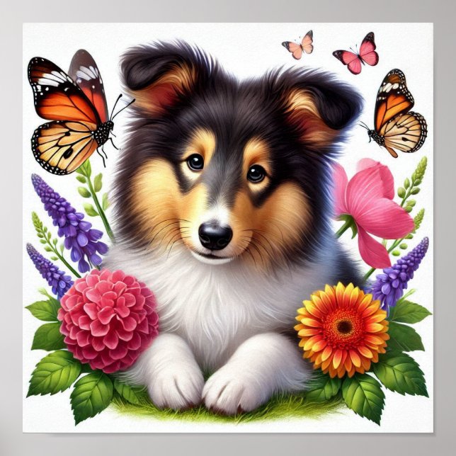 Poster Shetland Sheepdog com Flores e Borboletas (Frente)