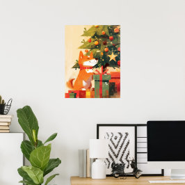 Poster Shiba Inu feliz ao lado da árvore de Natal e prese