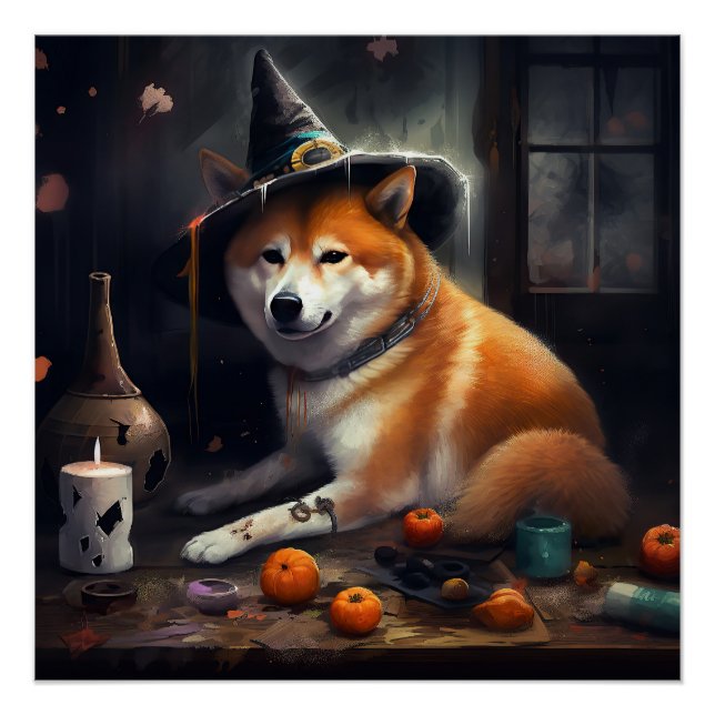 Póster Shiba Inu Pumpkins Halloween Assustado (Frente)