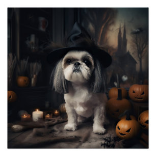 Póster Shih Tzu Abóboras Halloween Assustador