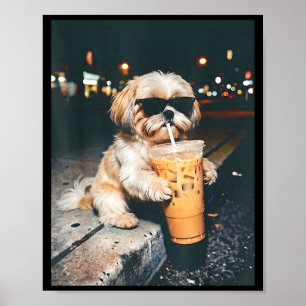 Poster Shih tzu bebendo café gelado estilo de vida de ani