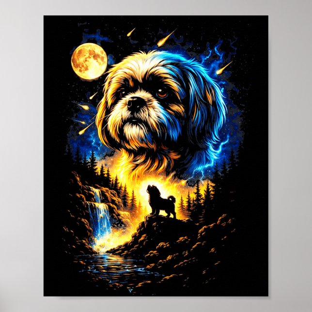 Poster Shih tzu uivando para a lua retrô anos 90 cachorro (Frente)