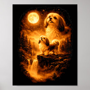 Poster Shih Tzu Uivando para a Lua Vintage 90s Cachorro E