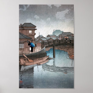 Poster Shinagawa no dia do Rainy, Hasui Kawase, Woodcut