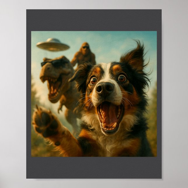 Poster Shocked Australian Shepherd Dog T-rex Bigfoot Ufo  (Frente)